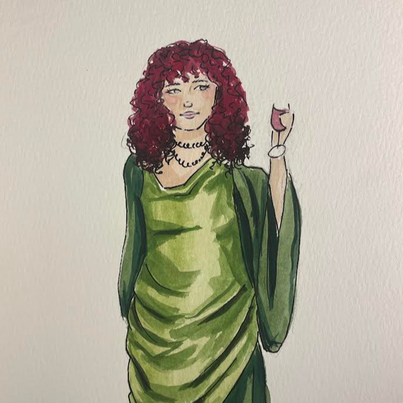 A cartoon illustration of a woman with curly red hair wearing a green dress and holding a glass of wine