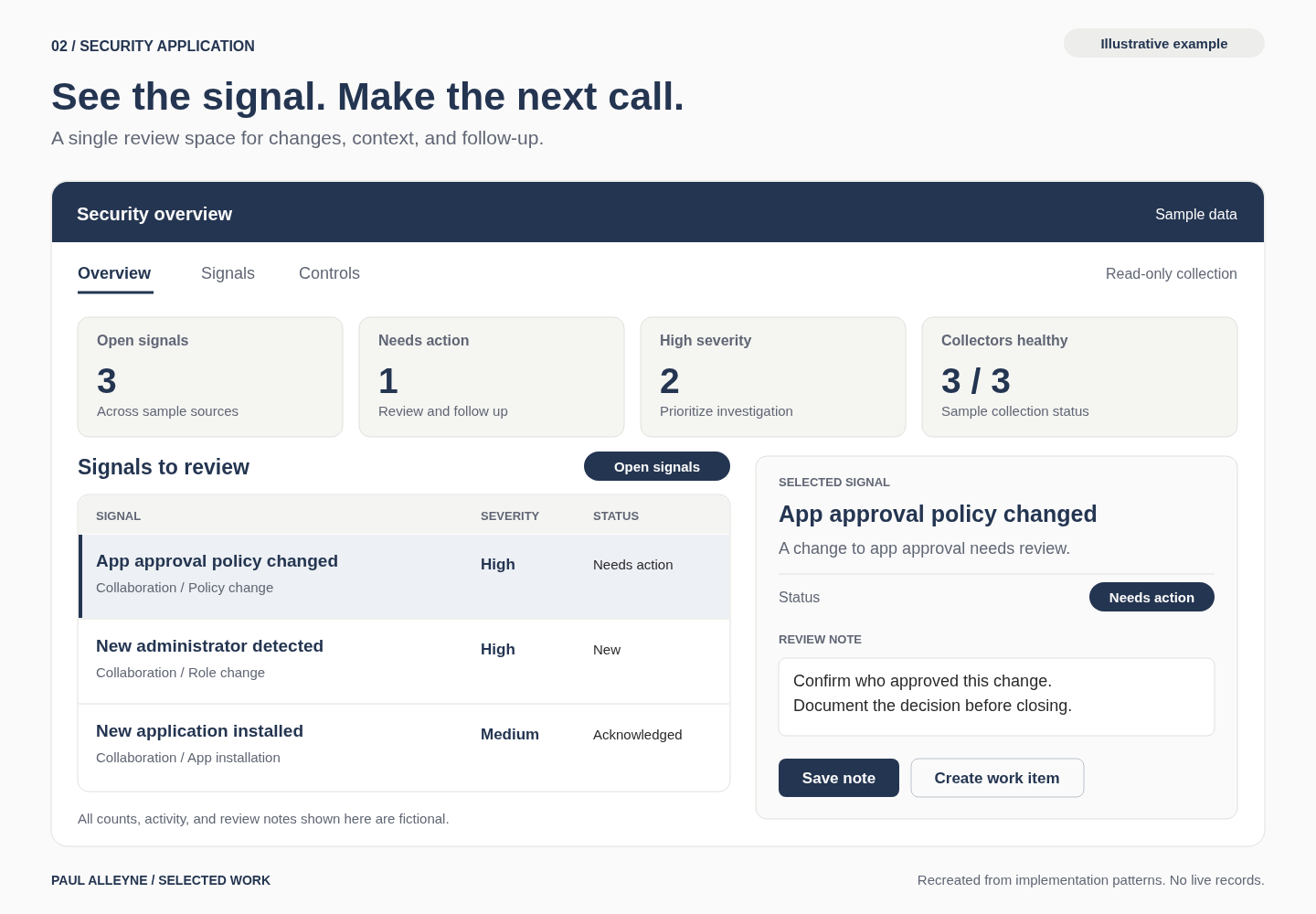 Illustrative security application overview with fictional signals, collection health, review notes, and follow-up actions using sample data.