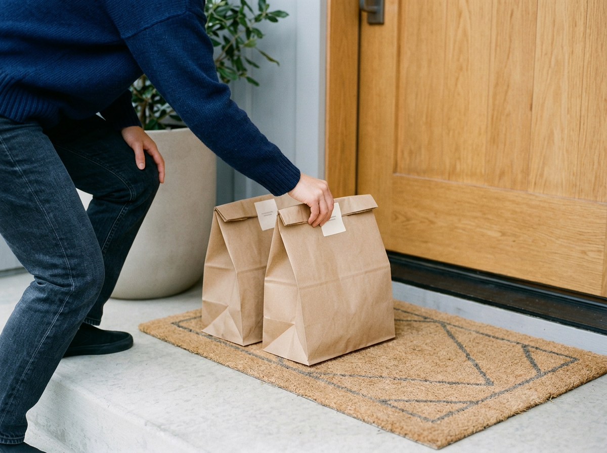 Person placing two paper bags outside a front door on a doormat