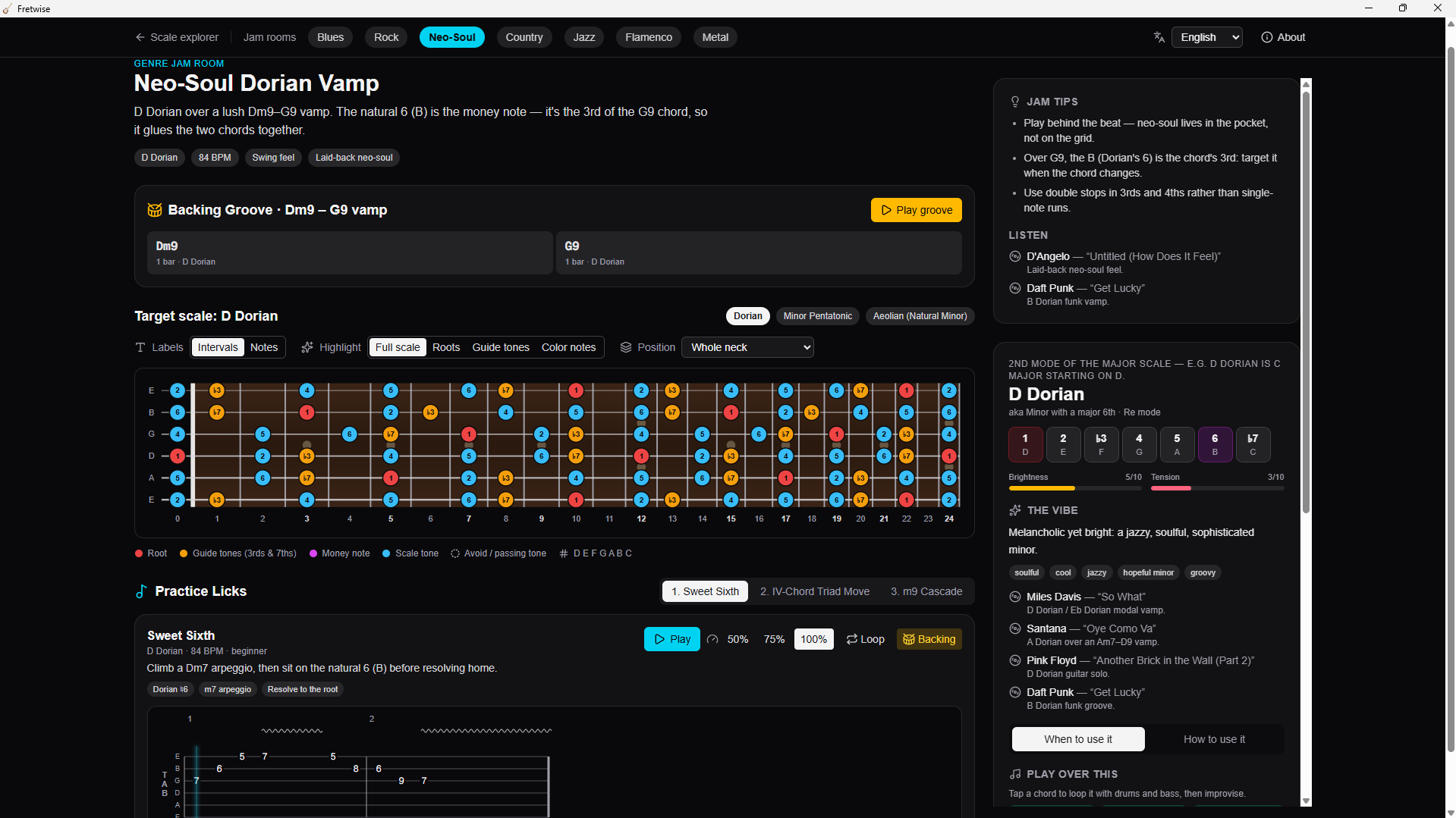 Screenshot of a guitar lesson webpage for a Neo-Soul Dorian Vamp chord progression with a fretboard diagram, practice licks, and tips.