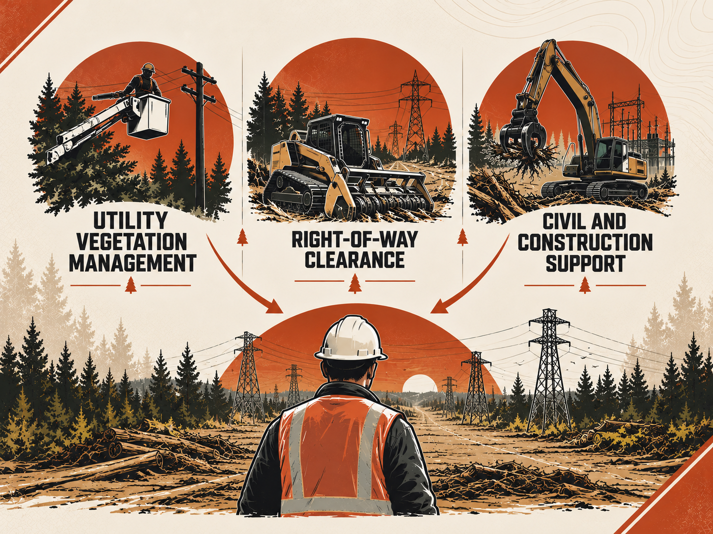 Illustration showing utility vegetation management, right-of-way clearance, and civil and construction support with construction equipment and a worker in a forested power line corridor.