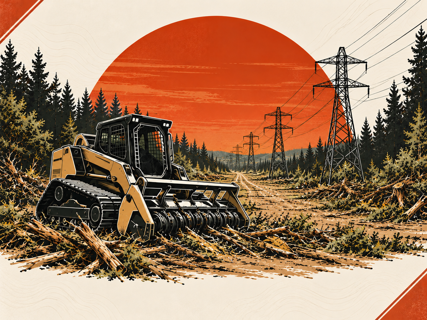 Illustration of a forestry bulldozer working in a forest clearing during sunset with power lines and a large sun in the background.
