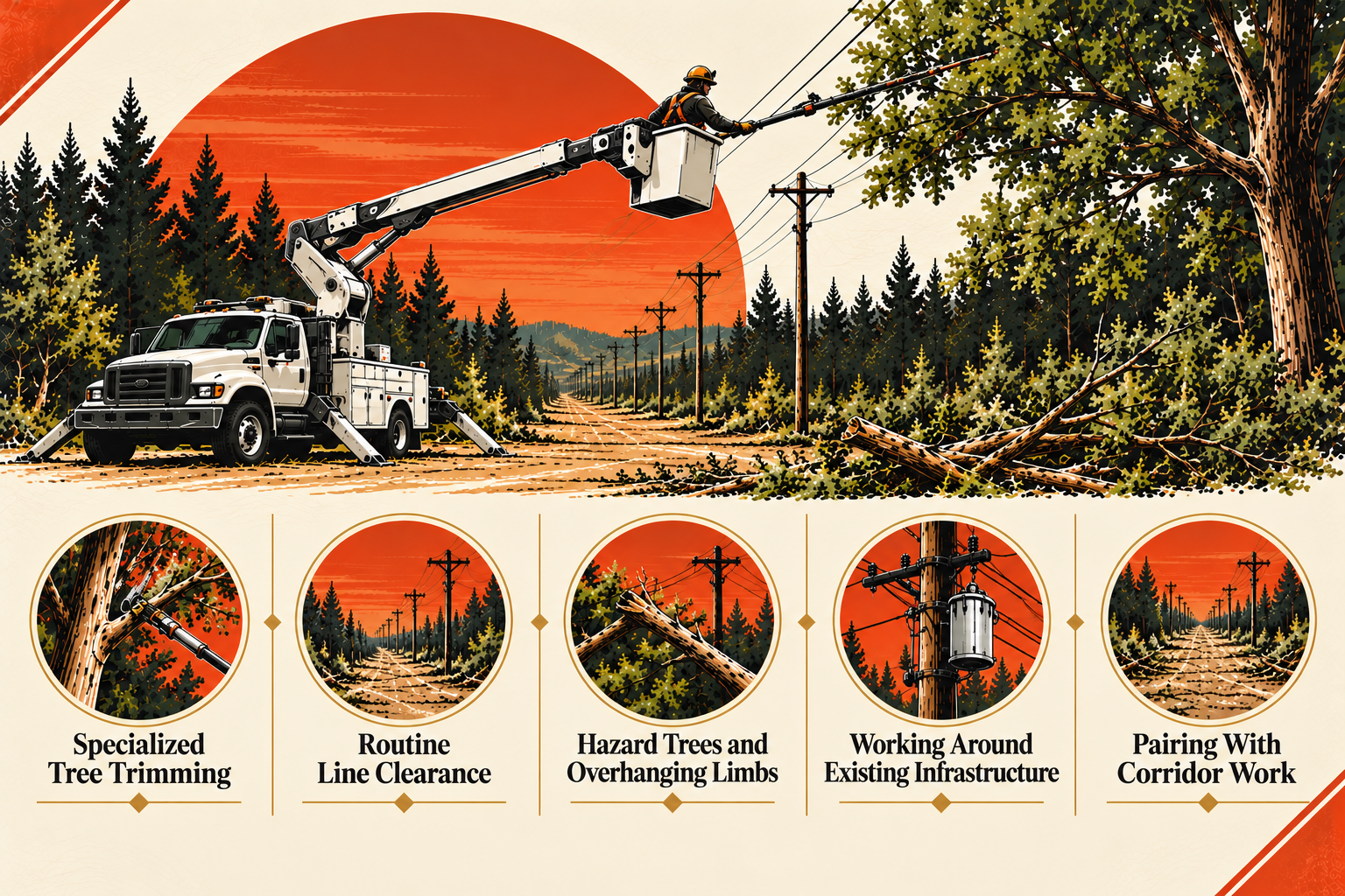 An illustration of utility line work, showing a truck with an extended aerial lift and worker trimming tree branches near power lines. Below, five circular icons with descriptions: 1. Specialized Tree Trimming, 2. Routine Line Clearance, 3. Hazard Trees and Overhanging Limbs, 4. Working Around Existing Infrastructure, 5. Pairing With Corridor Work.