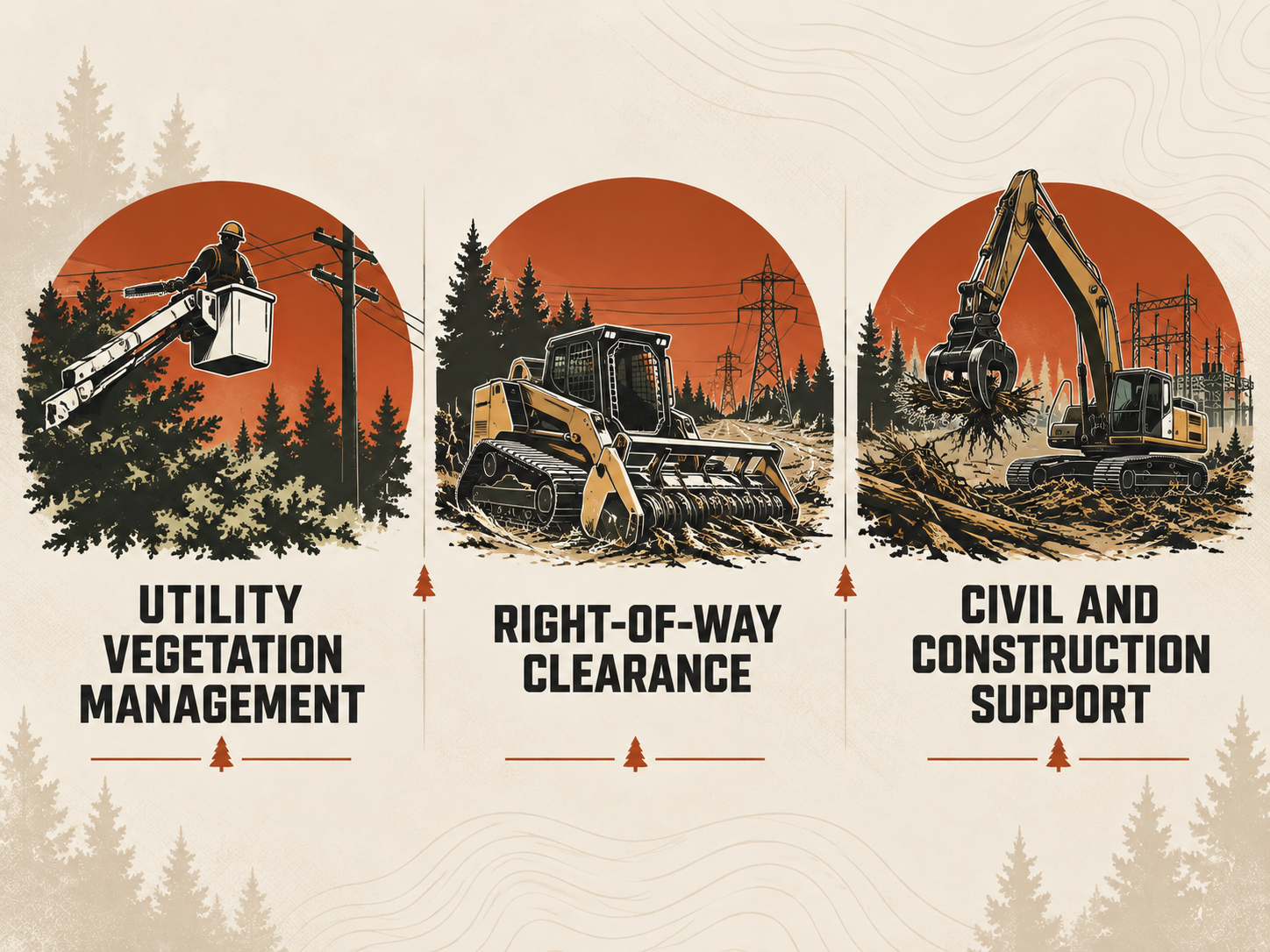 Illustration showing different stages of utility vegetation management and construction work. The first panel depicts a worker trimming trees near power lines. The second panel shows a bulldozer clearing land with power lines in the background. The third panel features an excavator planting or removing trees in a cleared area, with power infrastructure in the background.