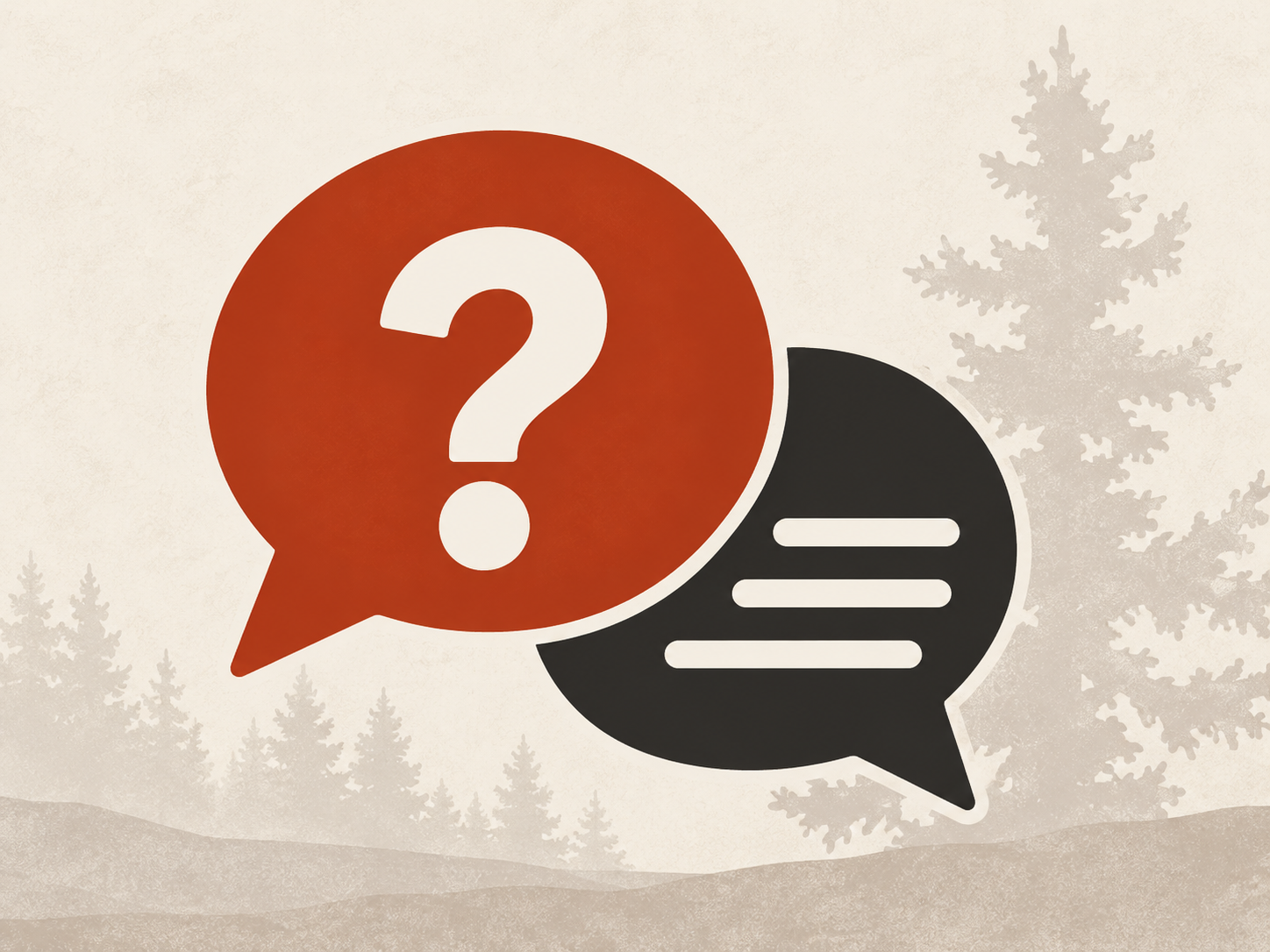Two speech bubbles, one with a question mark and the other with lines indicating text, set against a background of trees and a cloudy sky.