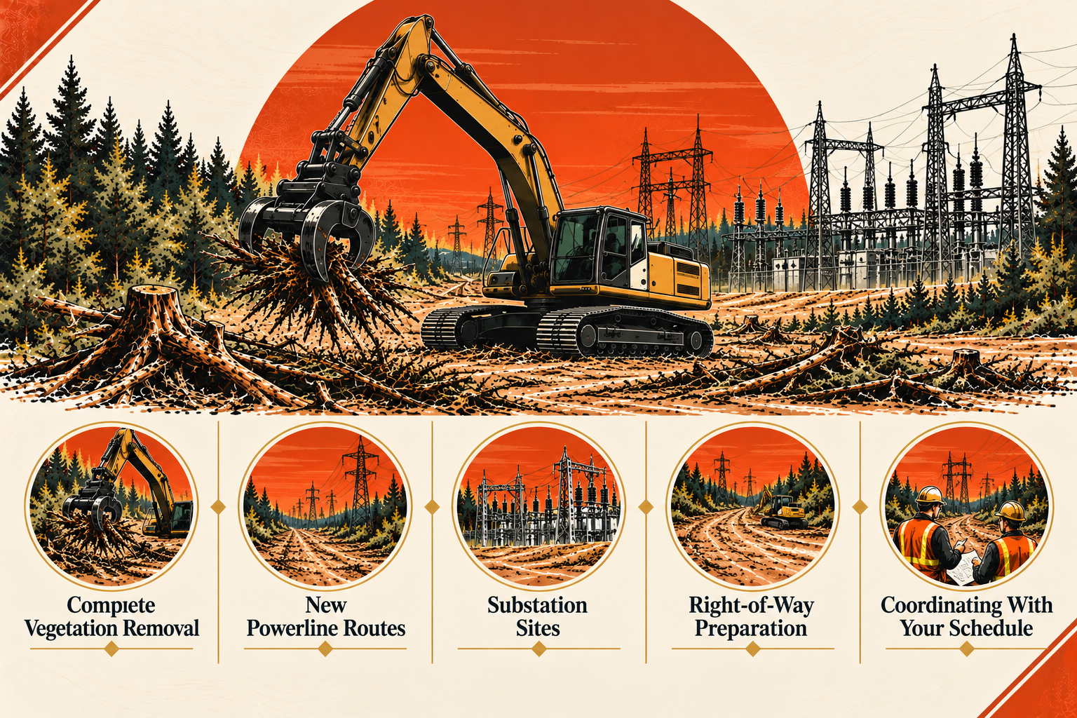 Illustration showing a construction site for utility pole removal with trees, power lines, and an excavator; stage icons below depicting steps: Vegetation Removal, Powerline Routes, Substation Sites, Right-of-Way Preparation, and Scheduling.