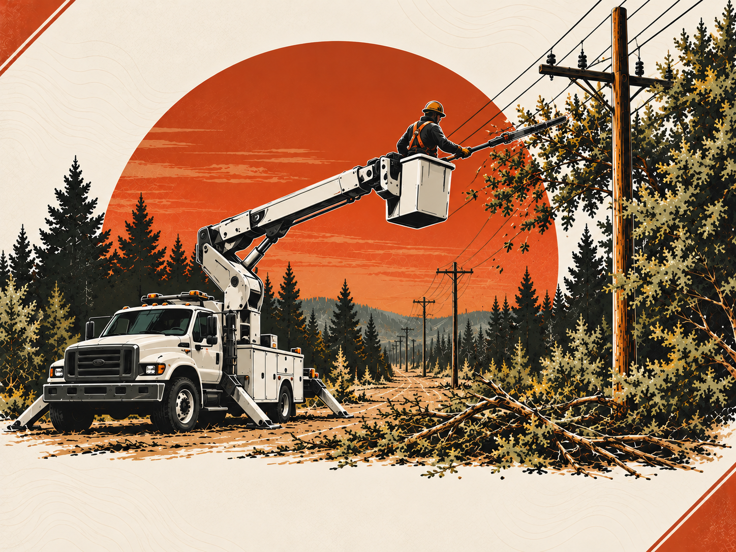 A utility worker in a bucket lift repairing power lines in a forested area during sunset, with fallen tree branches on the ground.