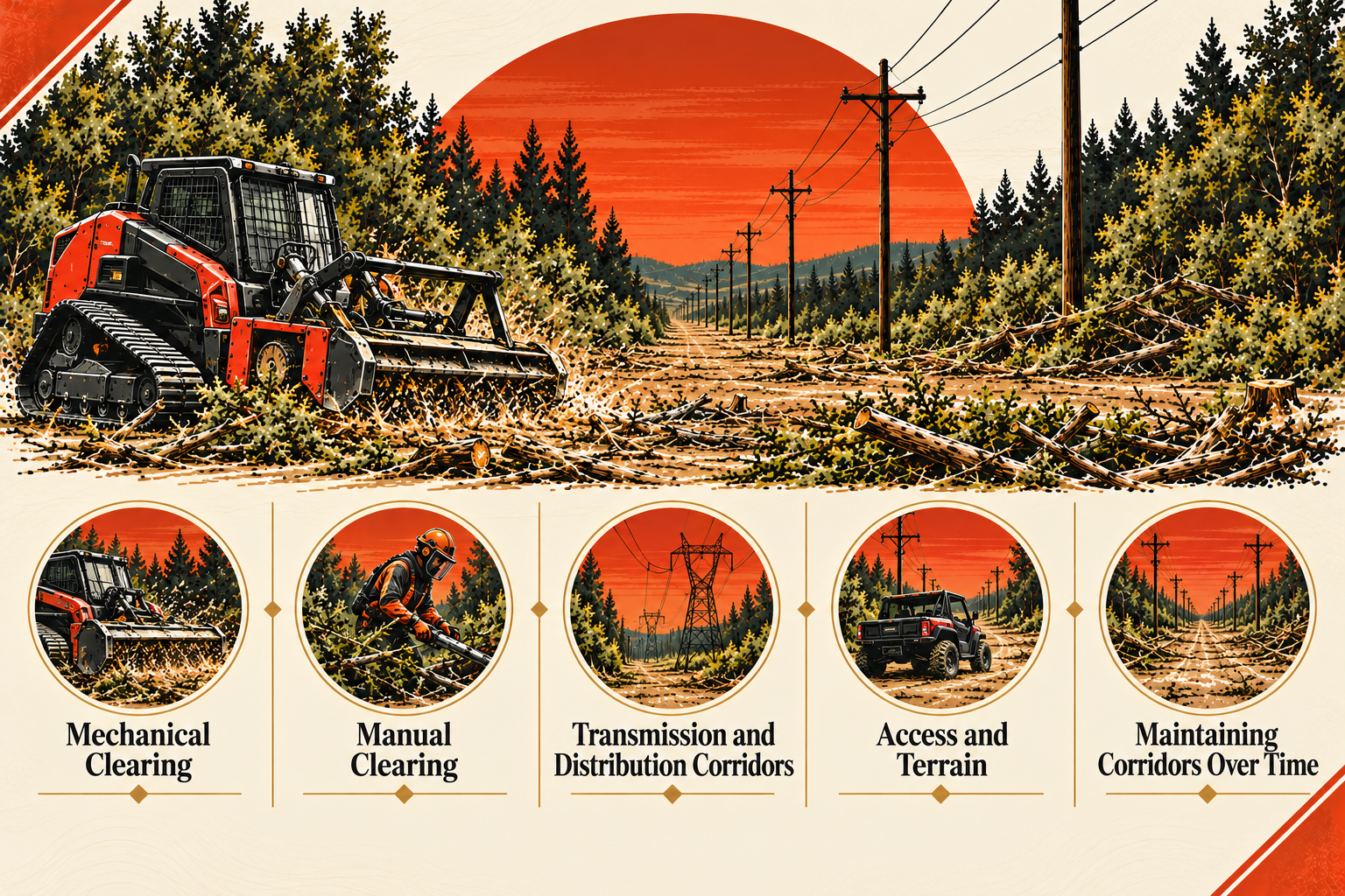 An illustration showing forest clearing with a small tracked vehicle, power lines, and a sunset. Smaller icons depict different stages of corridor maintenance such as mechanical and manual clearing, transmission and distribution corridor management, access and terrain considerations, and ongoing corridor maintenance.