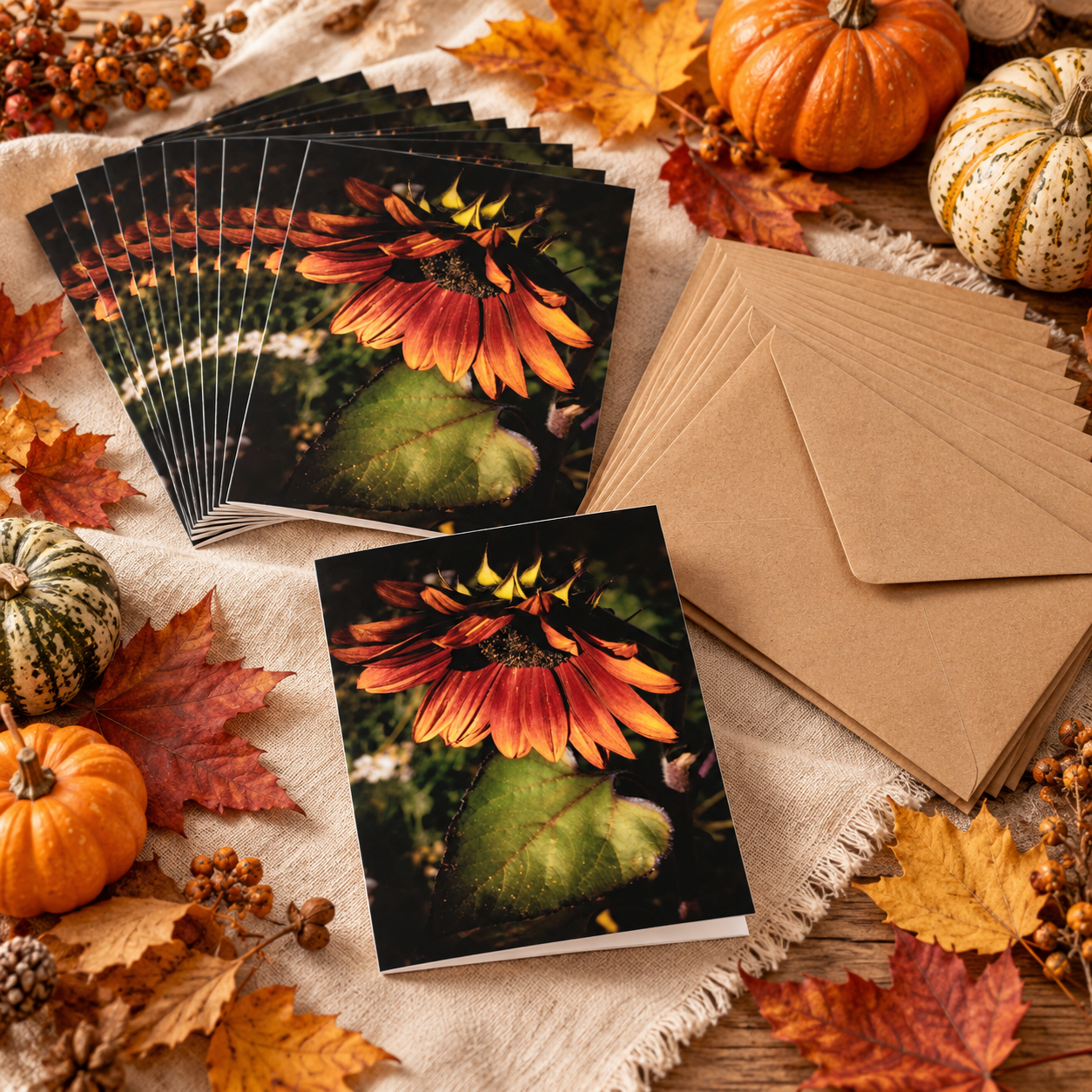 Autumn sunflower greeting cards featuring original floral photography, styled with fall leaves, pumpkins, and kraft envelopes.