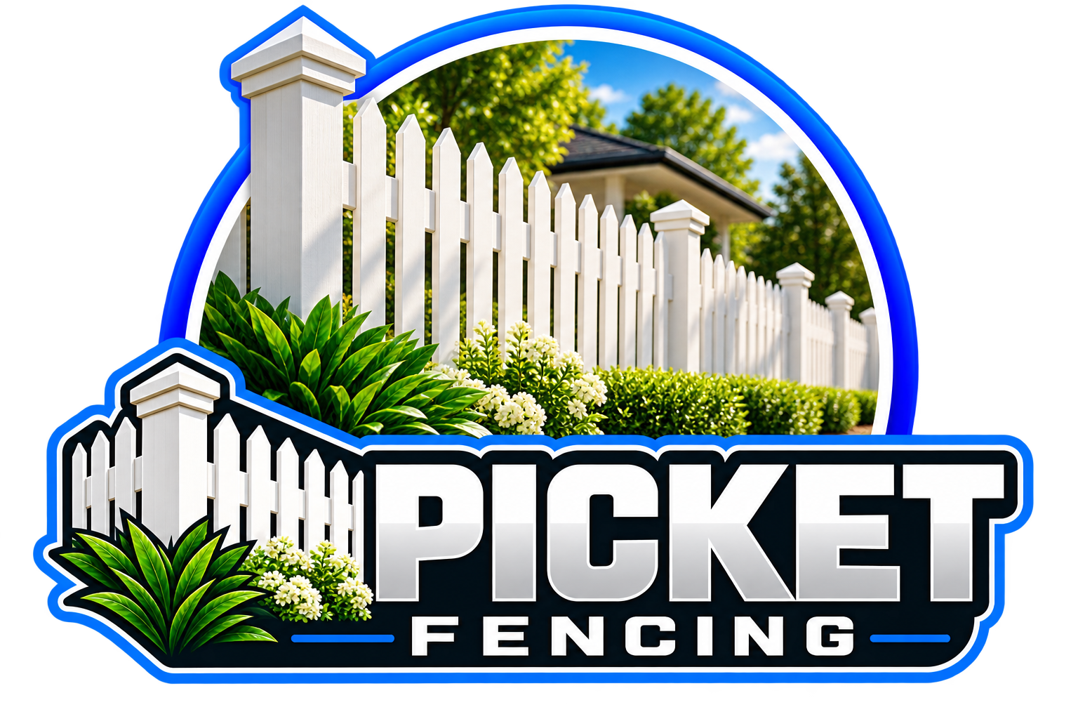 Logo for Picket Fencing featuring a white picket fence, green plants and bushes, and a house with a gabled roof in the background.