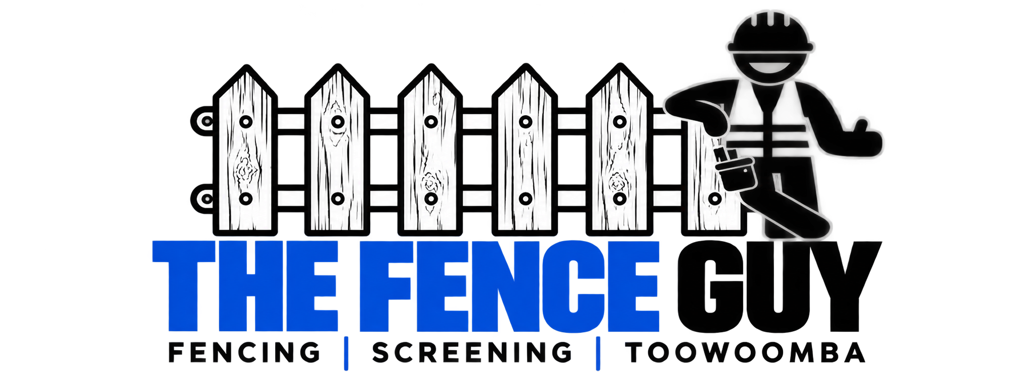 A graphic with a wooden fence, a smiling cartoon worker holding a spray bottle, and the text "The Fence" in large blue letters, with smaller text underneath reading "Fencing Screening."