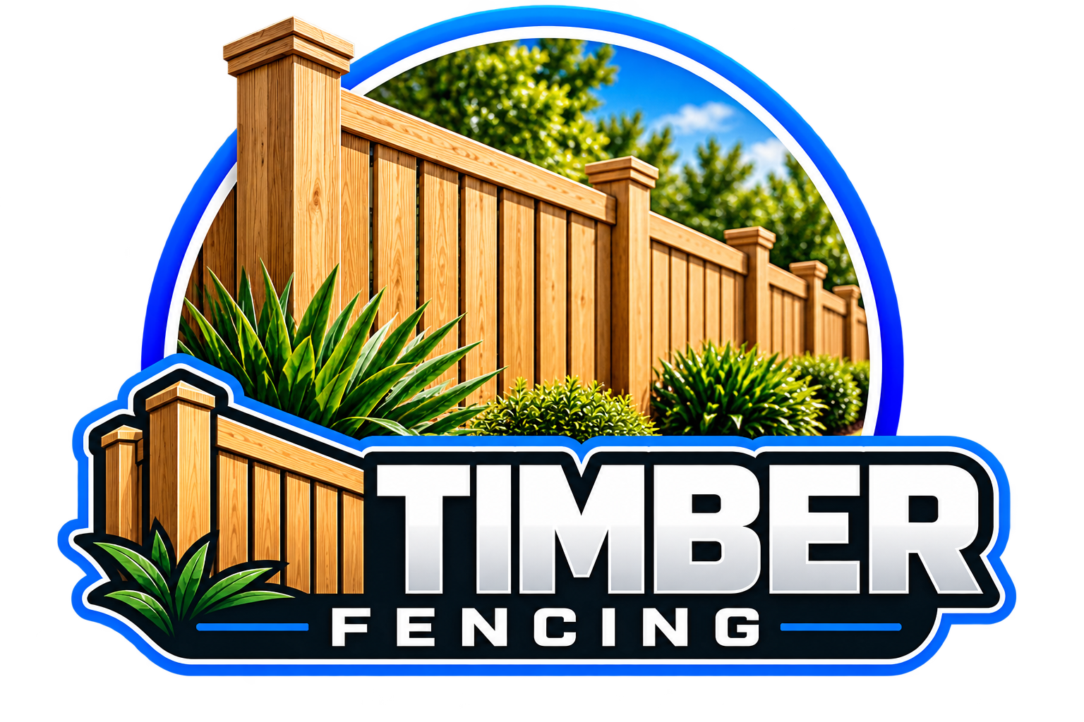 A logo for Timber Fencing featuring a wooden fence with green plants and a bright blue sky background.