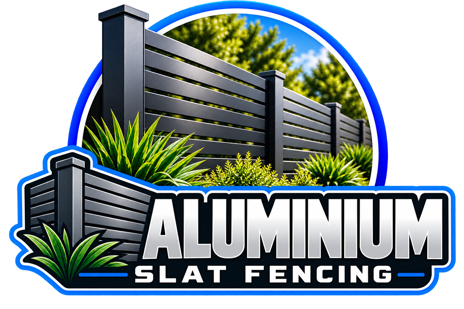 A logo for Aluminum Slat Fencing featuring a black aluminum fence with green plants and trees in the background.