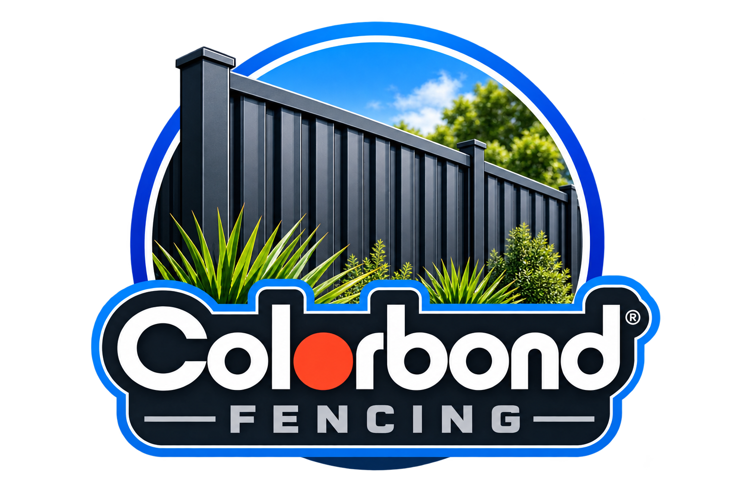 Colorbond fencing logo with a black fence, green plants, blue sky, and a pink background.