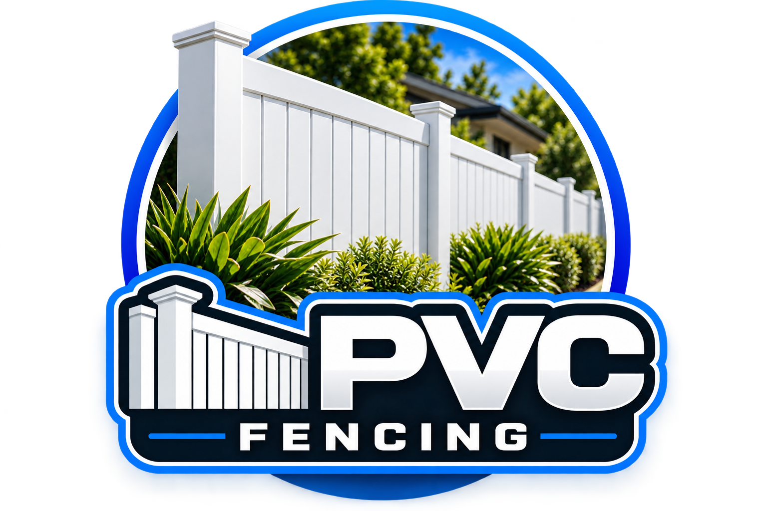 Logo for PVC fencing company featuring a photograph of a white vinyl fence with green plants in front of it, and the words 'PVC Fencing'