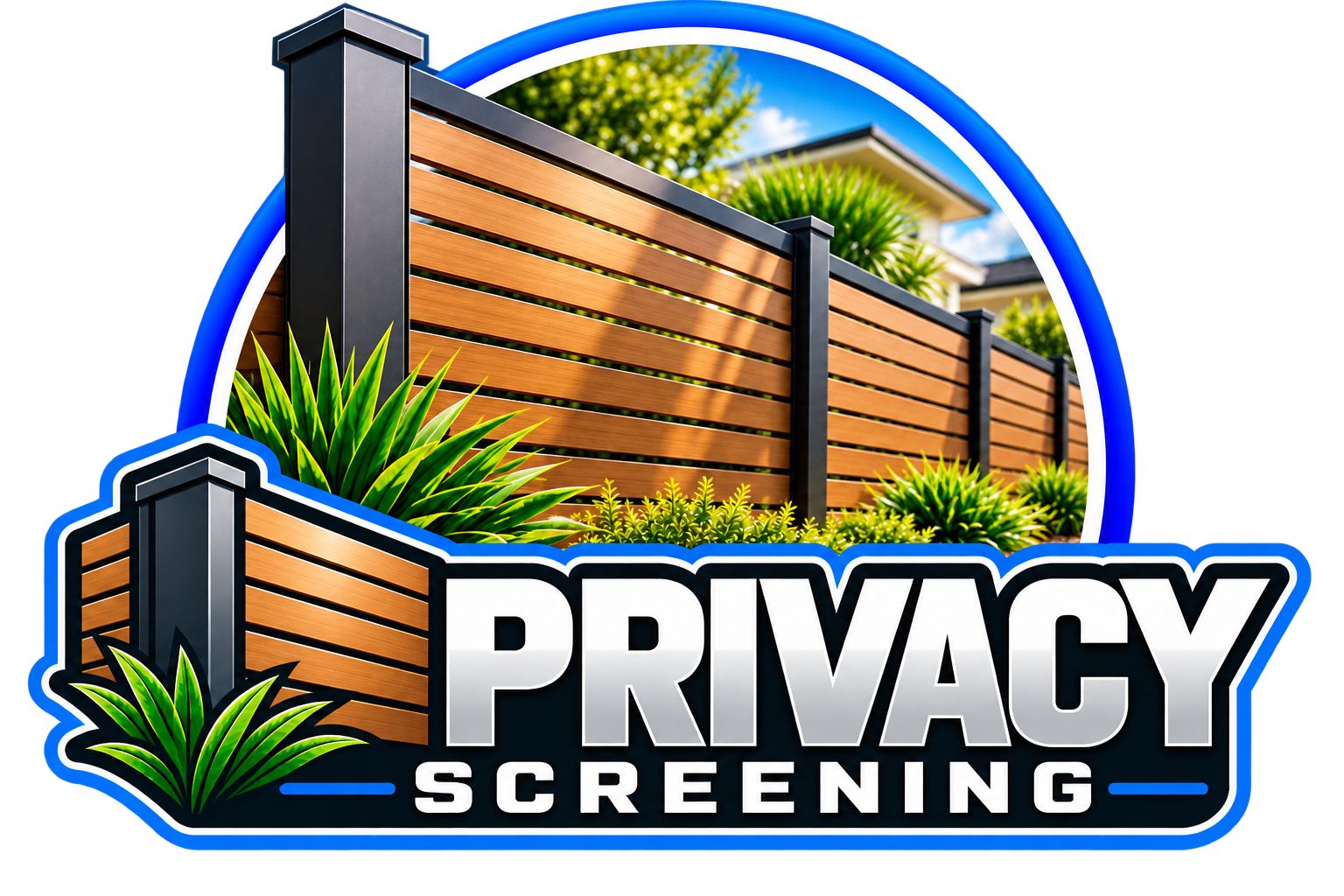 A privacy screening fence with wooden slats and black posts, surrounded by green plants, with a house and blue sky in the background.