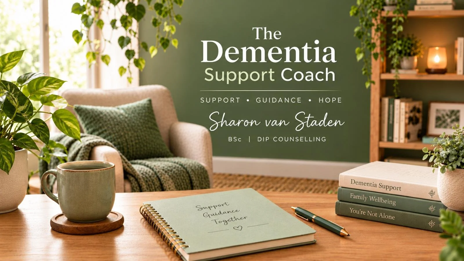 Welcoming counselling office promoting The Dementia Support Coach Sharon van Staden, with an armchair, plants, tea, notebook, and dementia support books.