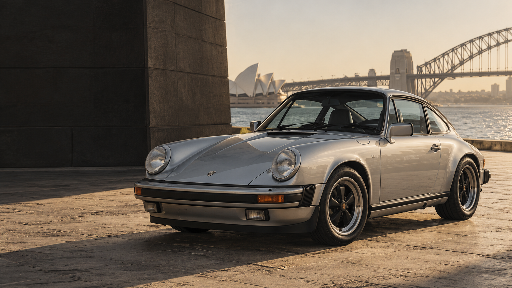 AI concept image of a silver classic Porsche 911 beside Sydney Harbour; actual vehicle photography to follow.