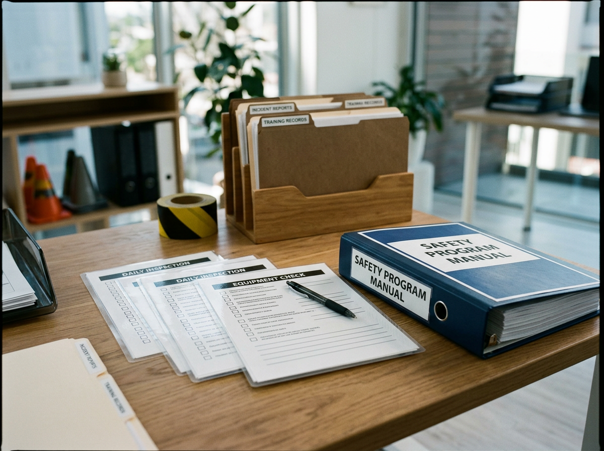 Workplace safety program manual, inspection checklists, and organized safety documentation displayed on an office desk.