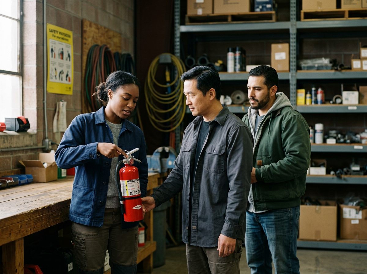 Employee demonstrating proper fire extinguisher handling to coworkers during a hands-on workplace safety training session.