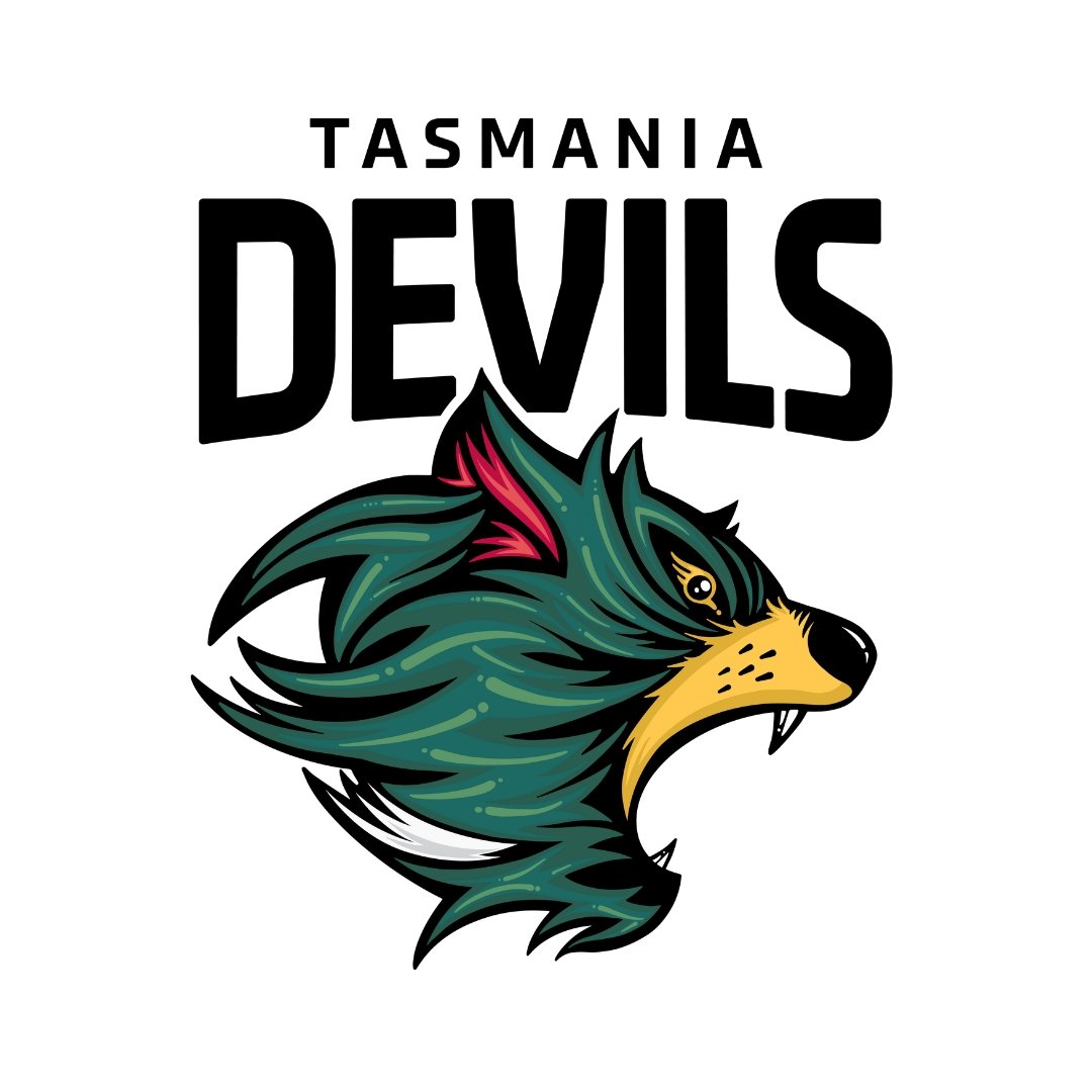 Tasmania Devils logo featuring a stylized green and yellow devil head