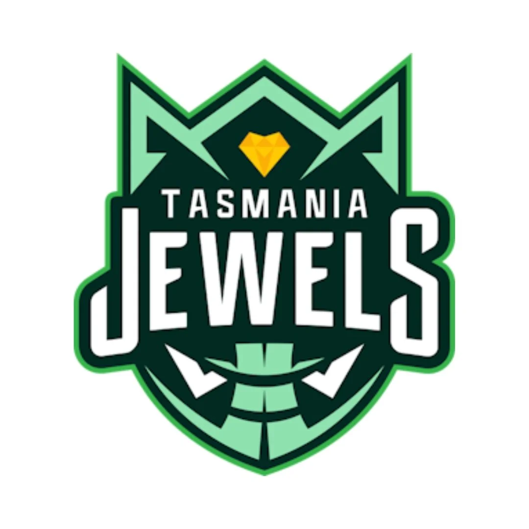 Tasmania Jewels logo featuring a stylized green crown, yellow diamond, and white lettering