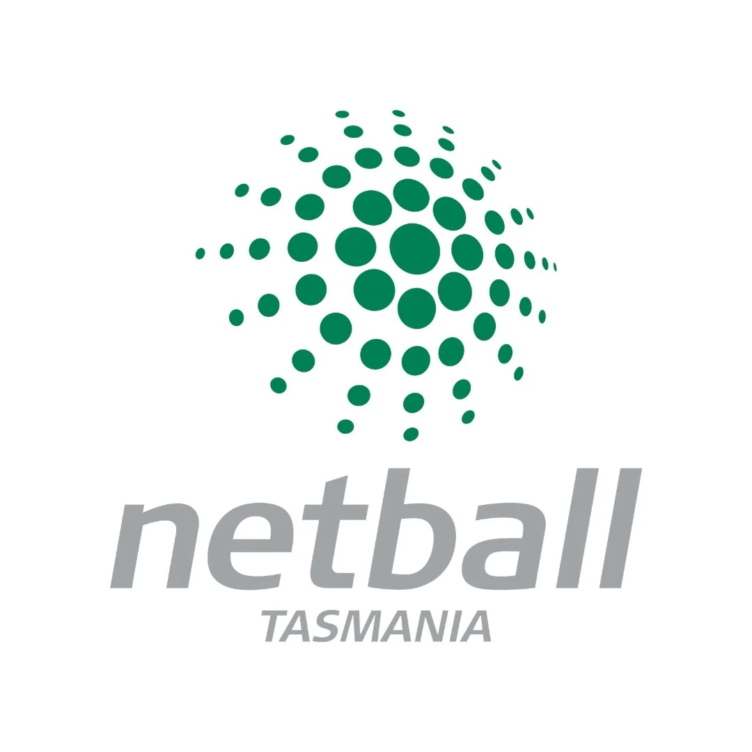 Netball Tasmania logo with a green dotted circular emblem above gray “netball TASMANIA” text