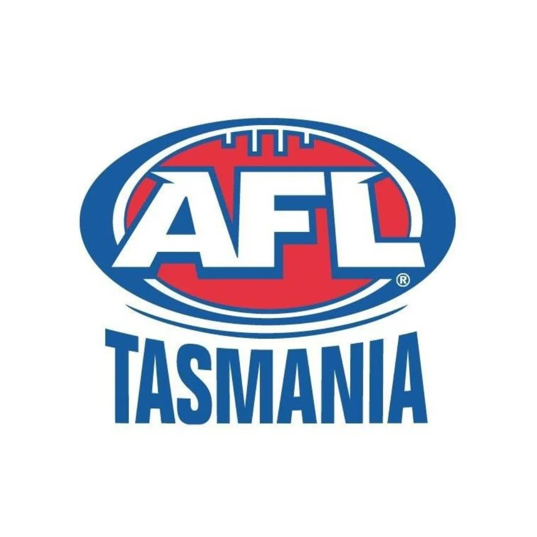 AFL Tasmania logo in blue, red, and white