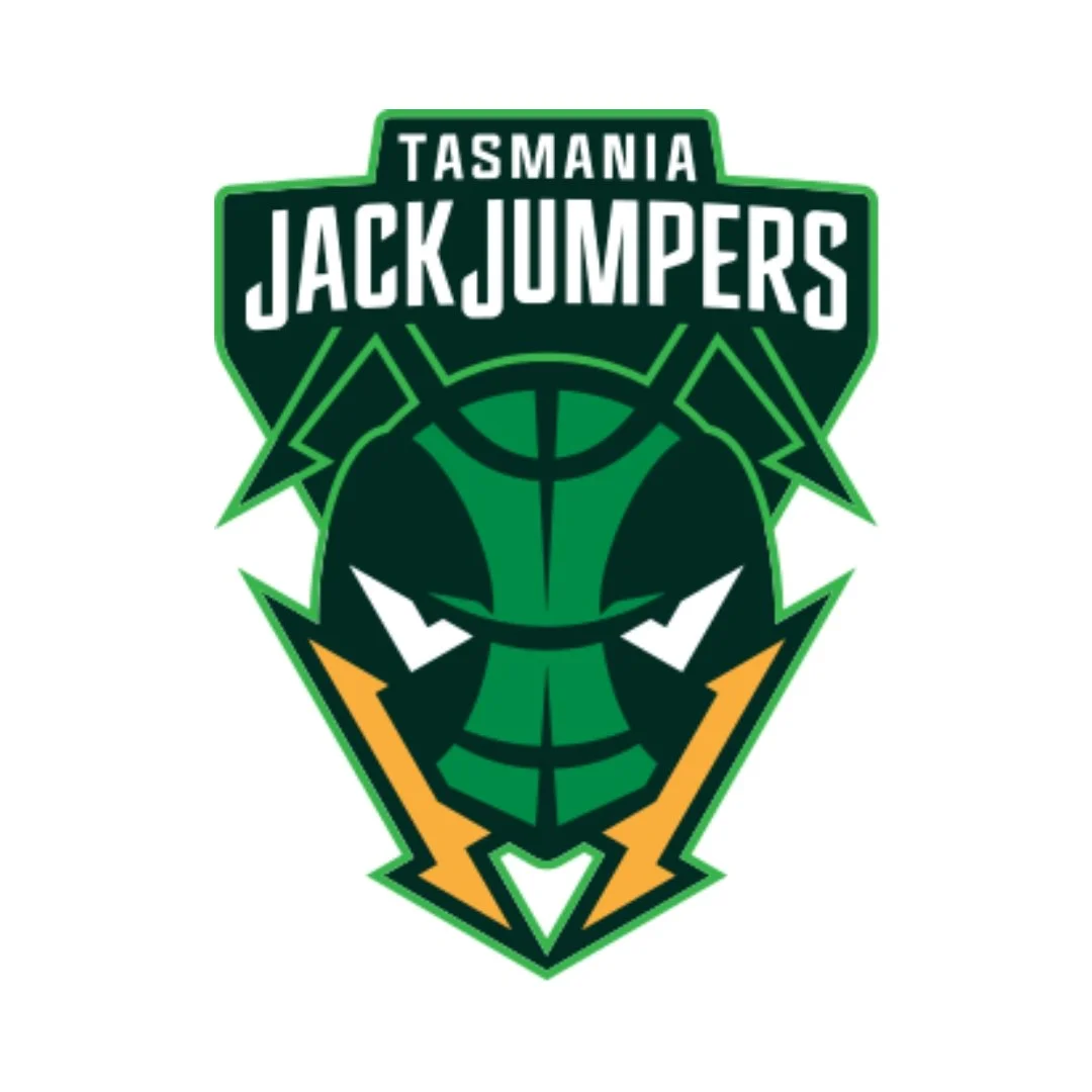 Tasmania JackJumpers basketball team logo featuring a stylized green and yellow jack jumper ant head