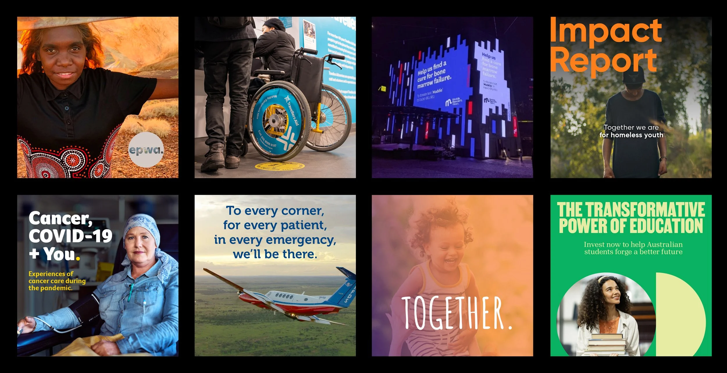 Collage of Australian charity and not-for-profit campaign images featuring Indigenous representation, wheelchair accessibility, bone marrow donation, homelessness, cancer care, emergency flights, children, and education.