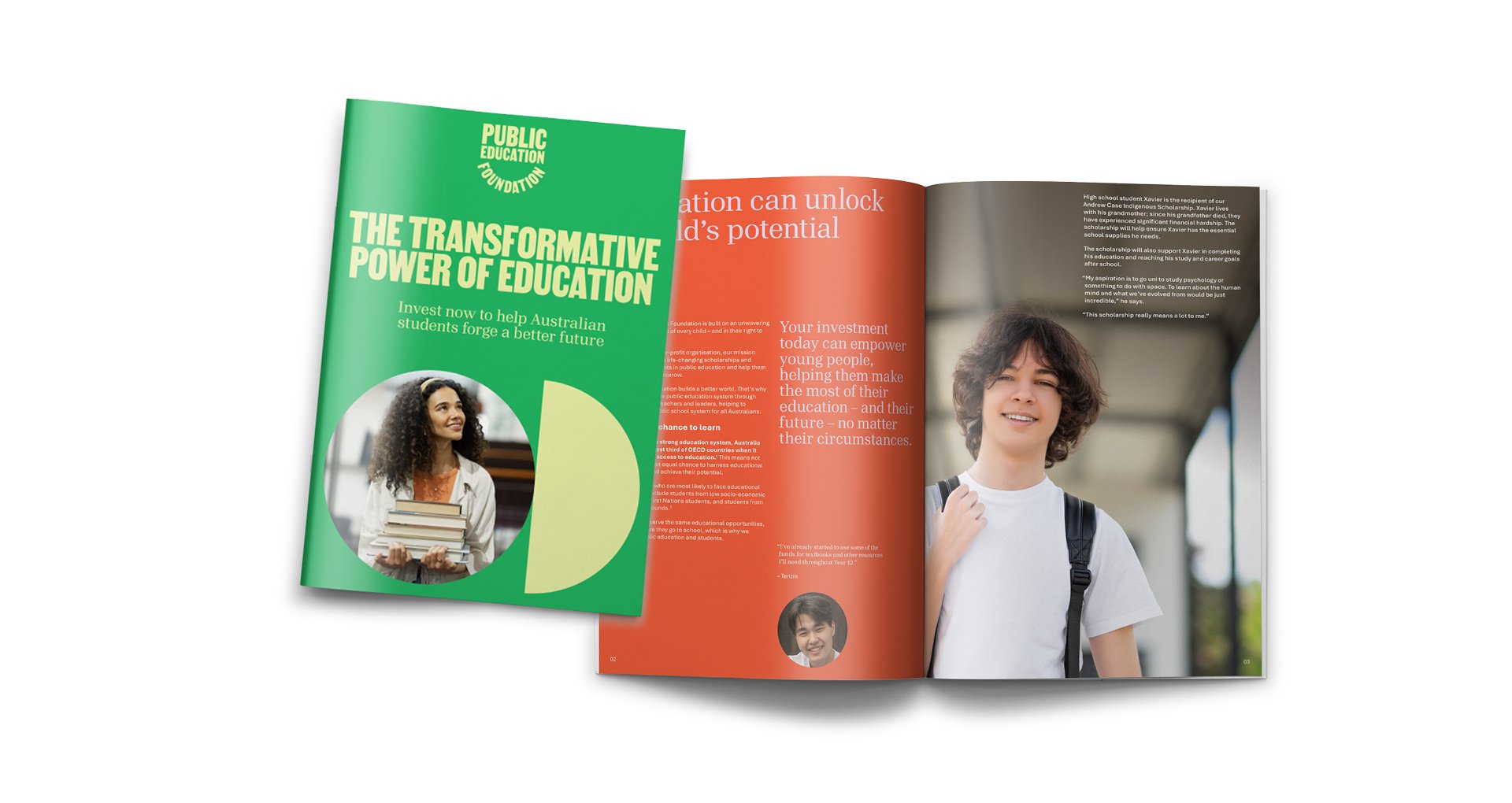 Public Education Foundation 'Case for Support' brochure promoting the transformative power of education, featuring student portraits and scholarship messaging