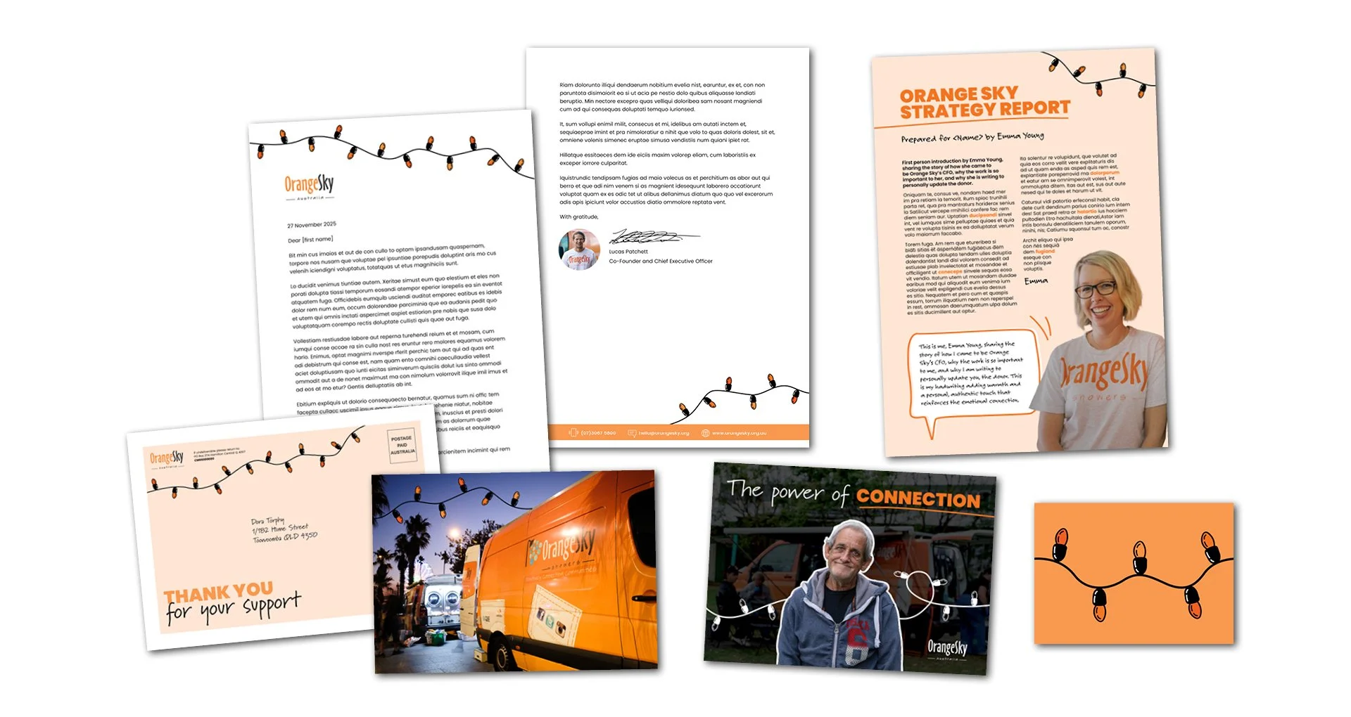 Orange Sky fundraising communications collage, featuring appeal letters, strategy report, thank-you postcard, orange van, volunteer portrait, and string-light illustrations