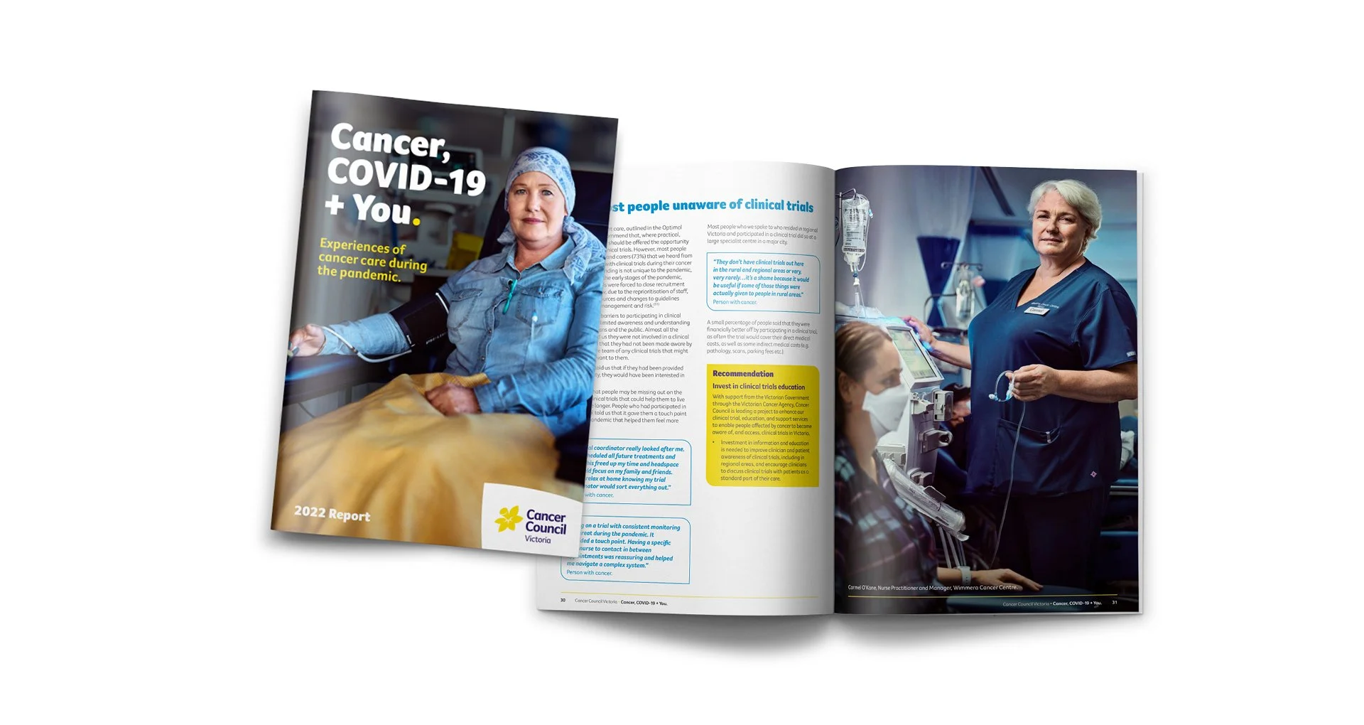 Cancer Council Victoria 2022 report featuring a cancer patient receiving treatment and a nurse in a clinical setting.