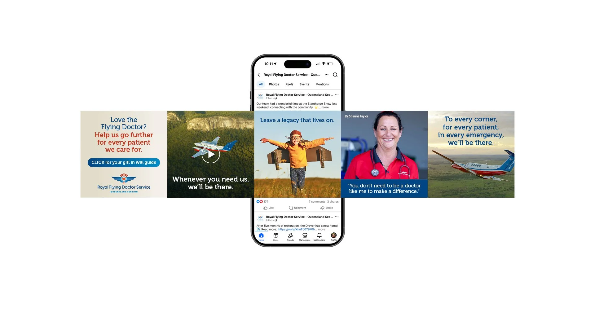 Royal Flying Doctor Service social media mock-up featuring a smartphone, aircraft, doctor, child, and bequest messages