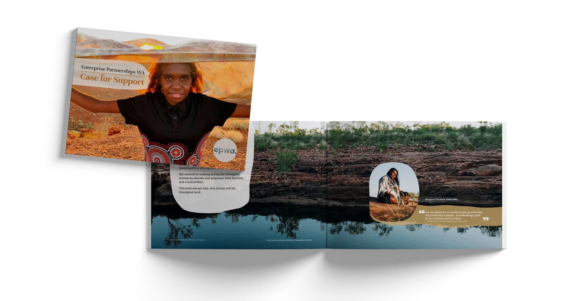 Enterprise Partnerships WA 'Case for Support' brochure featuring Aboriginal women and an Australian outback landscape