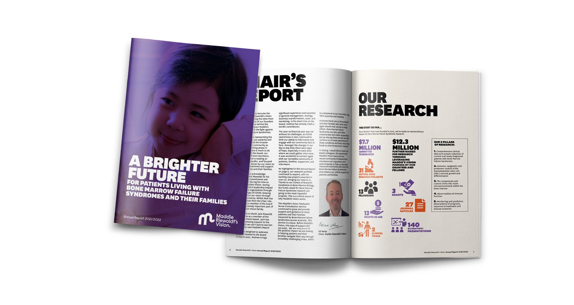Maddie Riewoldt’s Vision 2021/2022 annual report featuring a child on the cover and research impact statistics inside