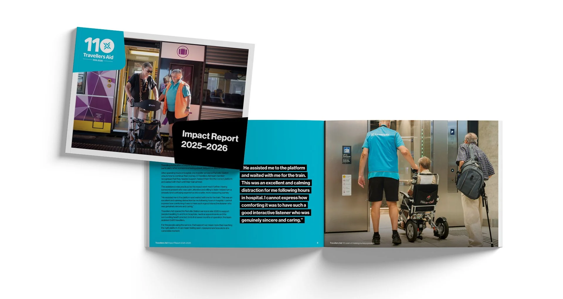 Travellers Aid 2025–2026 Impact Report featuring volunteers assisting travelers with mobility needs at a train station