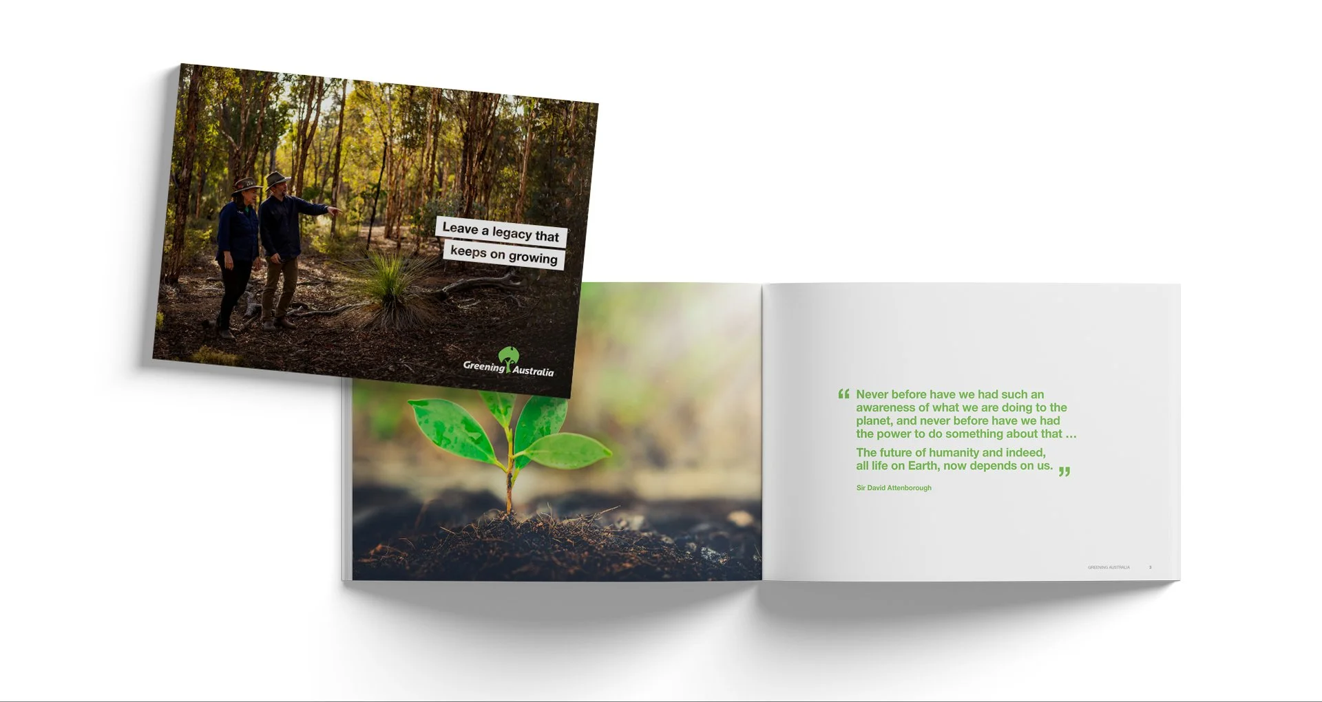 Greening Australia bequest brochure featuring two people walking through a forest, a growing seedling, and a quote from Sir David Attenborough