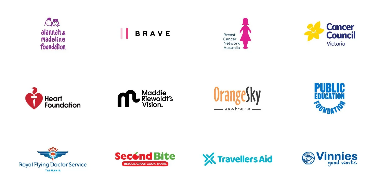 Collection of Australian not-for-profit organisation logos, including Cancer Council Victoria, Heart Foundation, Orange Sky Australia, Vinnies, SecondBite, and Royal Flying Doctor Service Tasmania