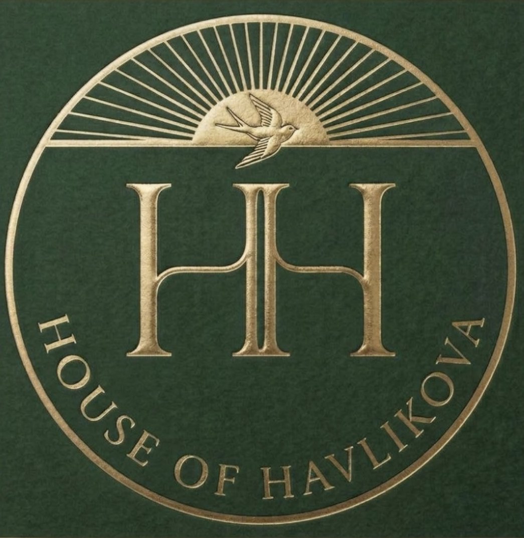 Gold House of Havlikova seal on a dark green background, featuring elegant lettering, a flying swallow bird, and sun rays.