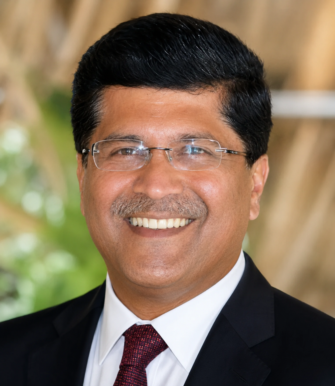 A smiling man with glasses, short black hair, and a gray mustache, dressed in a black suit, white shirt, and red tie.