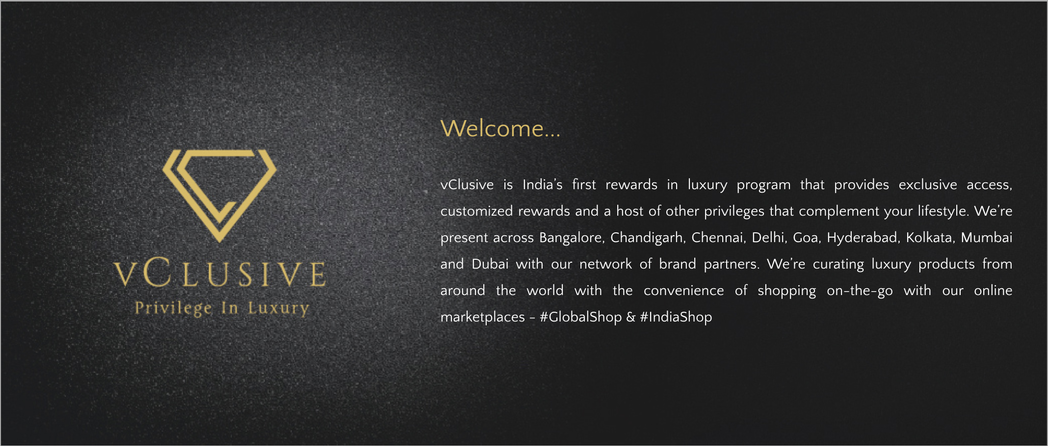 A promotional graphic for vClusive featuring a black background with a gold diamond icon on the left and descriptive text explaining the luxury program, its locations, and benefits on the right.