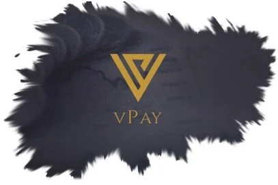 Logo with a stylized gold 'V' above the text 'vPAY' on a dark, textured background.