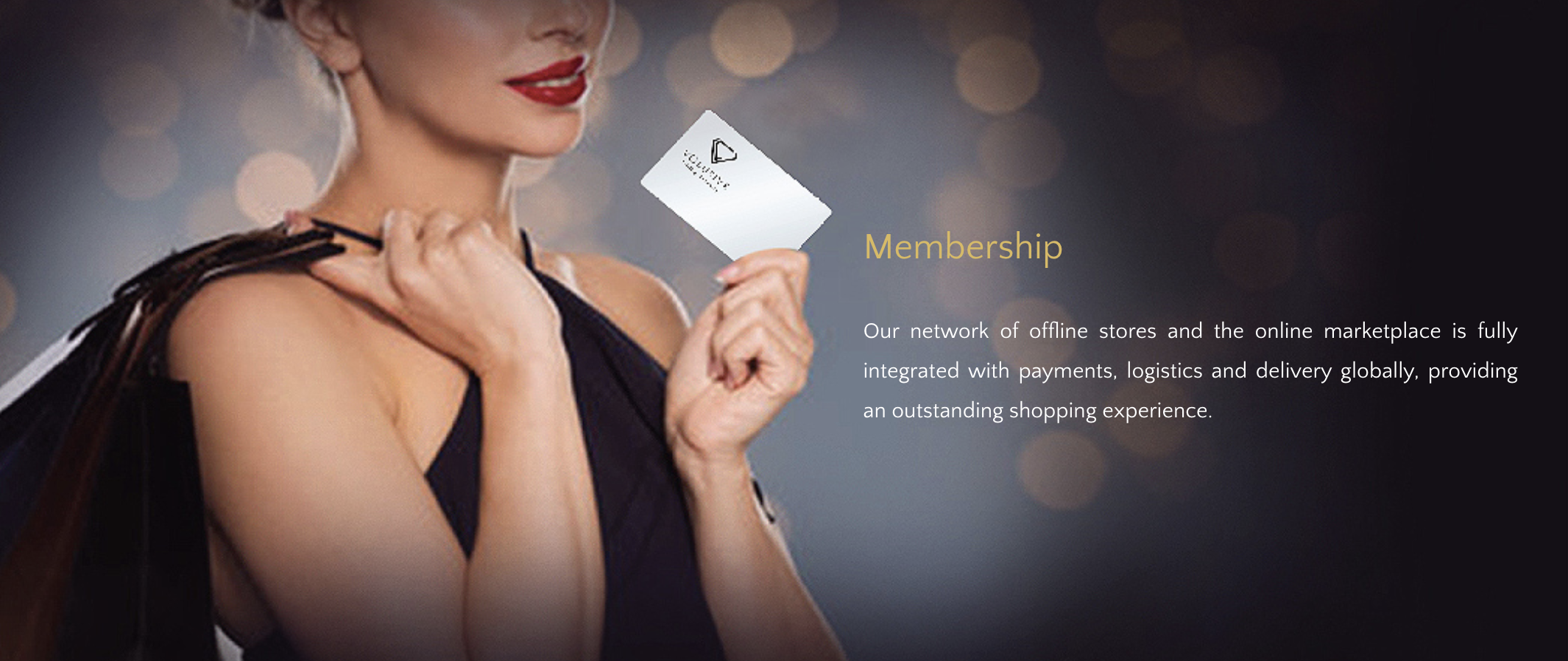 A woman with red lipstick holding a membership card near her face, with a background of blurred lights and the word "Membership" and a paragraph about a network of stores and online marketplace.