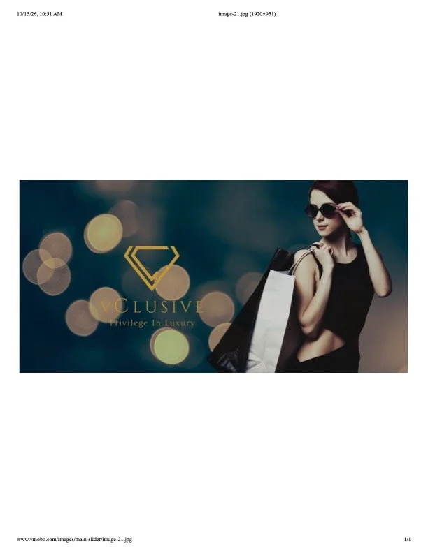 A young woman wearing sunglasses and a black outfit, holding shopping bags, with a background of blurred lights and the text "VCLUSIVE Privilege In Luxury" next to a gold diamond-shaped logo.