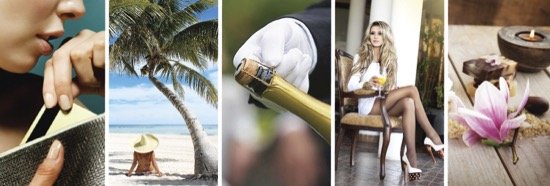 A collage of five images: a woman using a smartphone, a tropical beach with a palm tree and a woman in a sunhat, a hand holding a white tablet, a woman sitting by a window drinking a beverage, and close-up of a pink lotus flower.