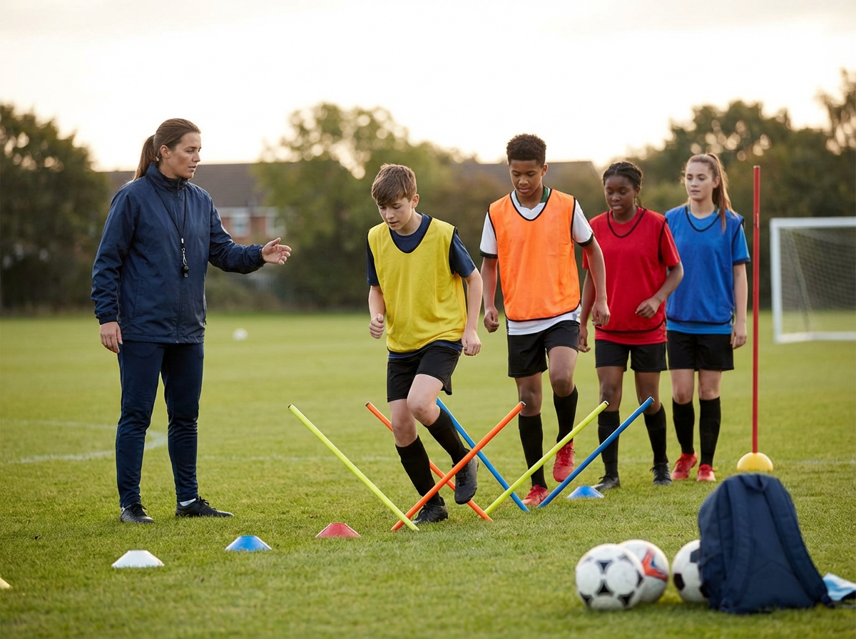 Youth soccer players running through an agility drill while a coach instructs them on a grassy field.