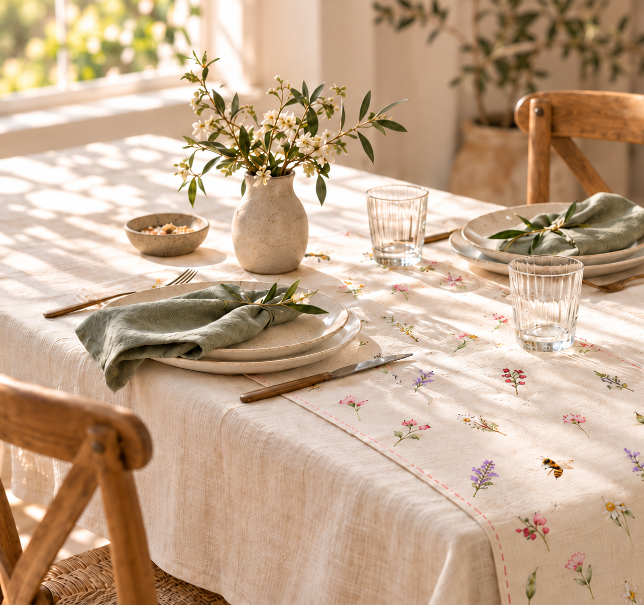 Sunlit table set with cream linen, a delicate floral runner and sage napkins.