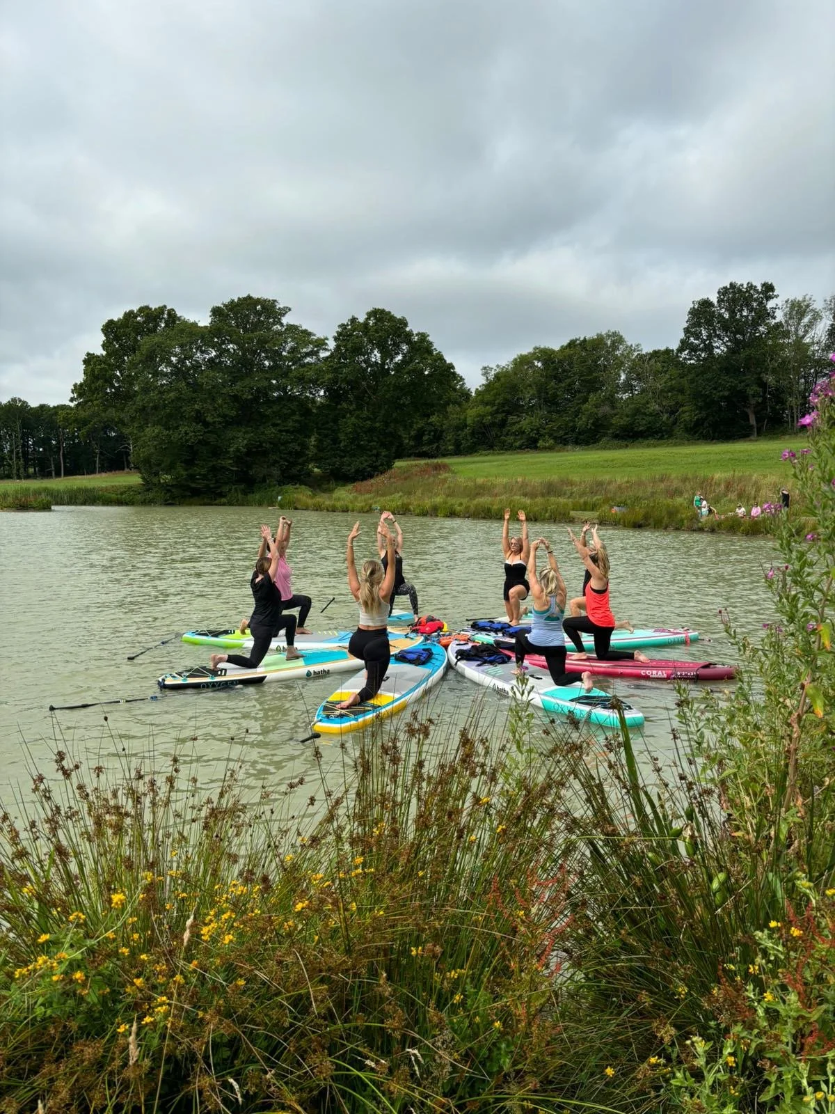 Group practicing yoga on stand-up paddleboards in a scenic lake surrounded by trees and wildflowers