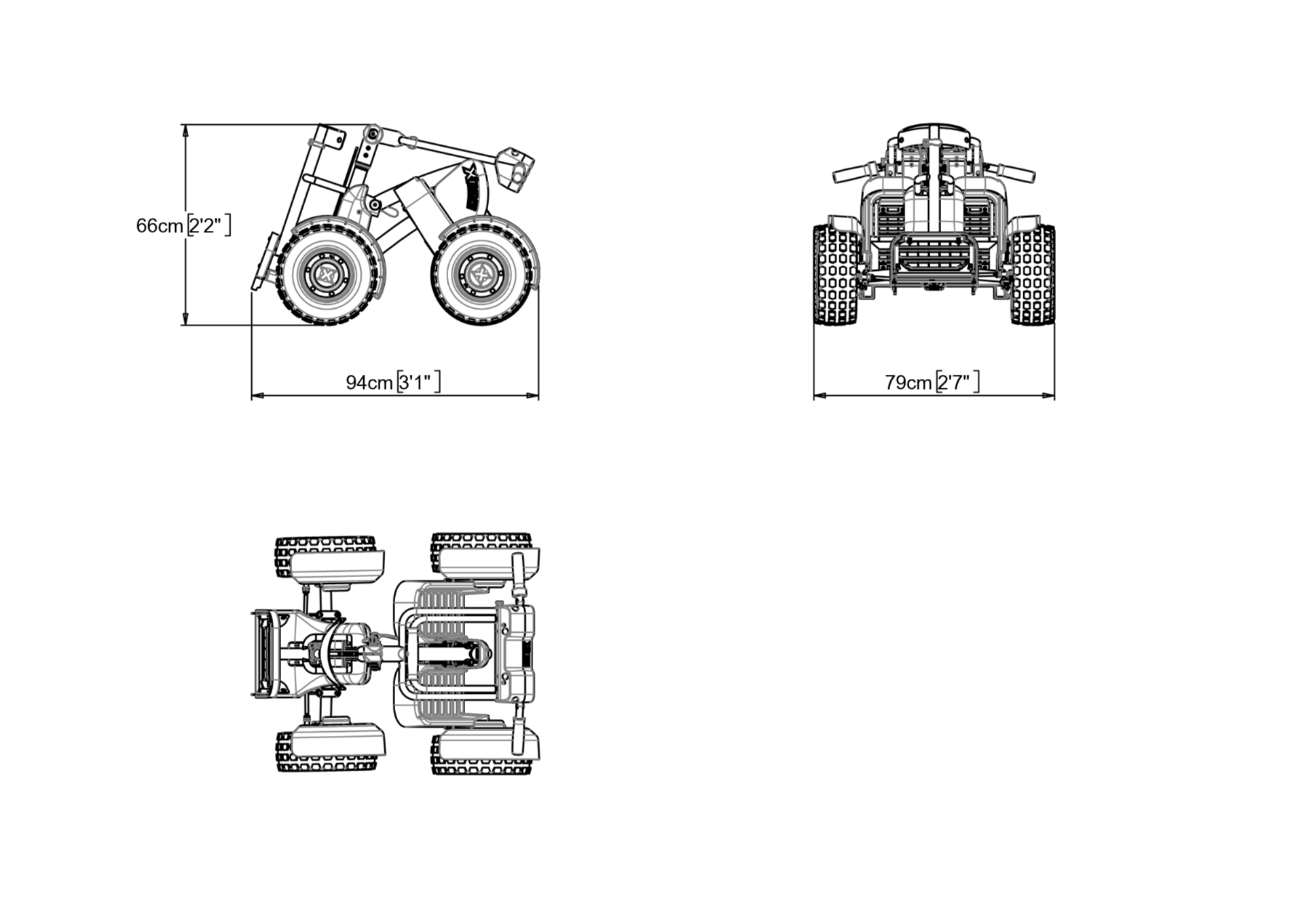 Technical drawing of a four-wheeled off-road vehicle showing side, front, and top views with dimensions of 66 cm high, 94 cm long, and 79 cm wide.